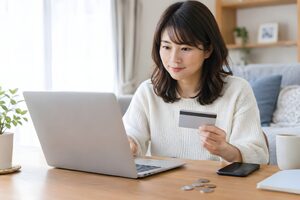 カードを手にネットで買い物をする30代女性