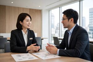 木の壁の部屋で商談する女性と男性