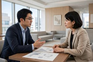 応接ソファの見える部屋で打ち合わせる男女
