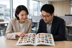 製品カタログを開いて説明する営業担当