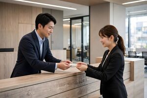 受付で名刺を渡す男性と受け取る女性