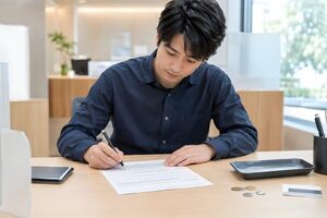口座開設の書類を書く20代男性