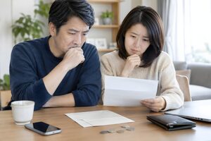 届いた通知を見る40代夫婦