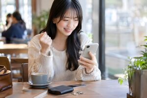 給料日にスマホを見て喜ぶ20代女性