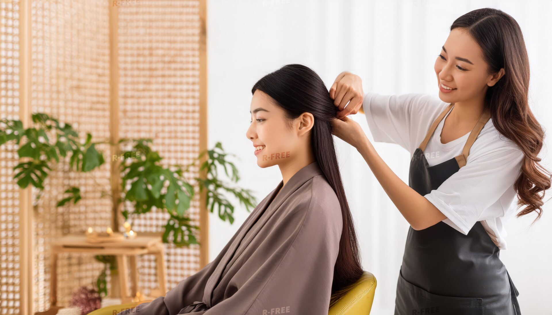 ヘアサロン・美容院で美容師に髪をセットしてもらう笑顔の女性