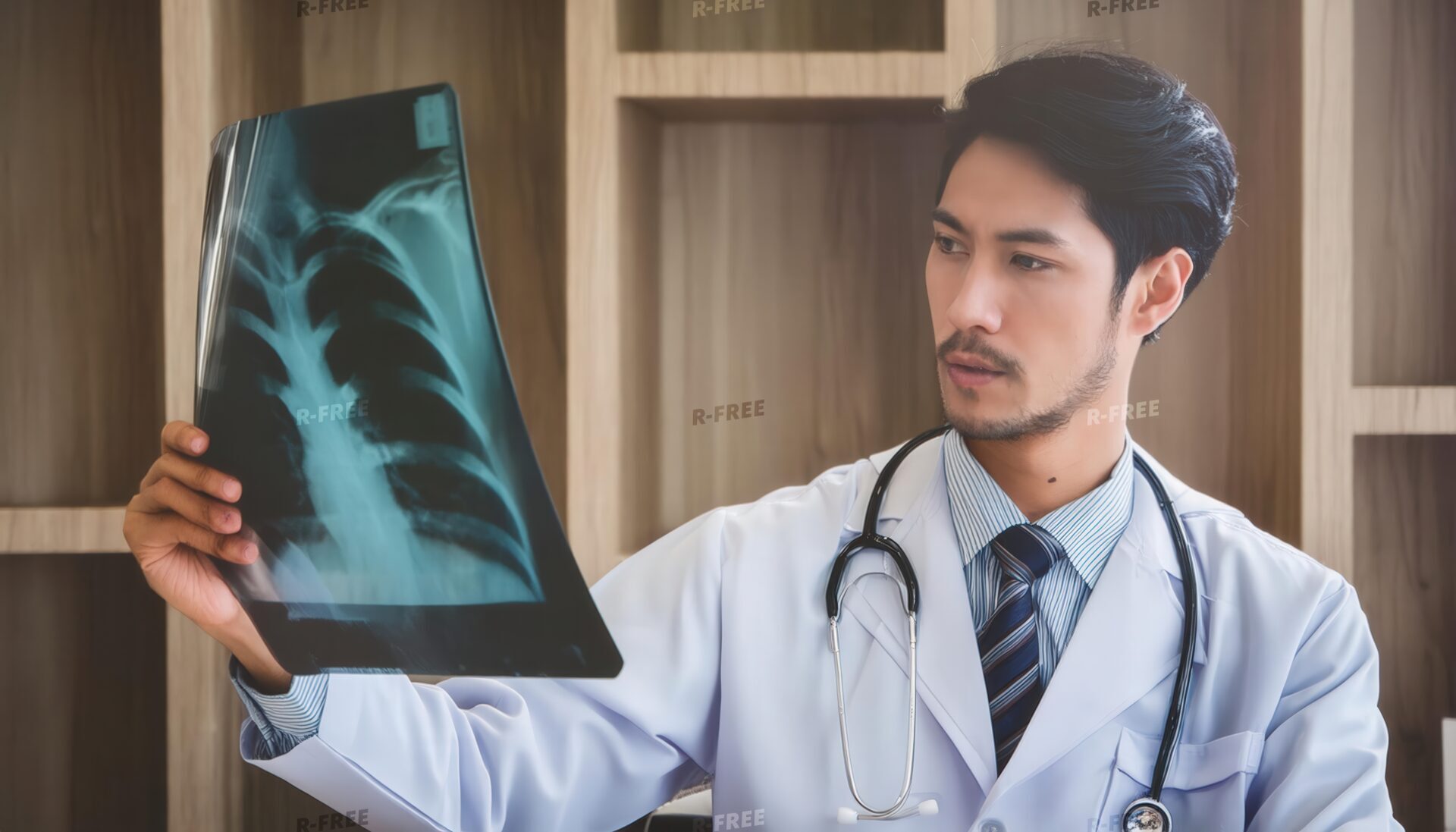 胸部のX線写真を注視する髭を蓄えた短髪の30代男性医師