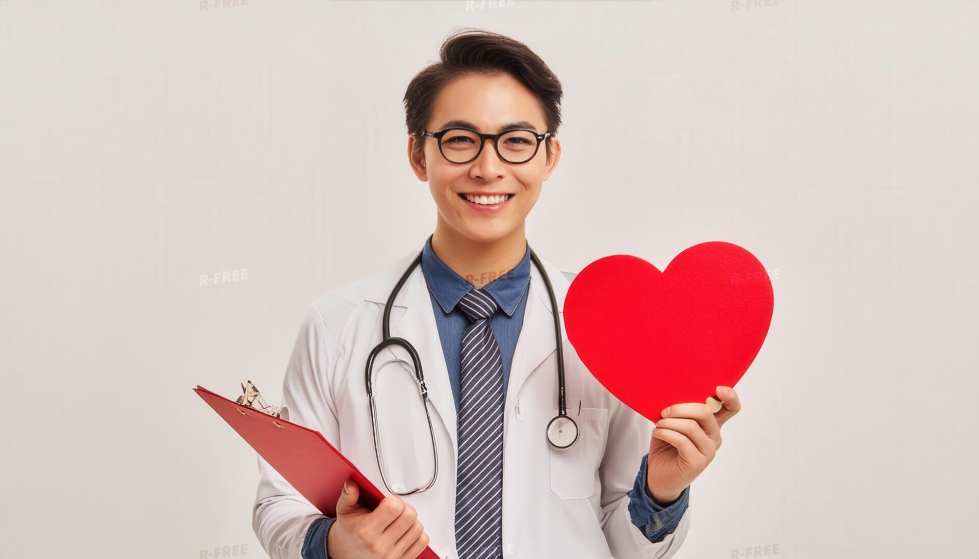 眼鏡とネクタイ姿で赤いハートと診察ファイルを持つ笑顔の男性医師
