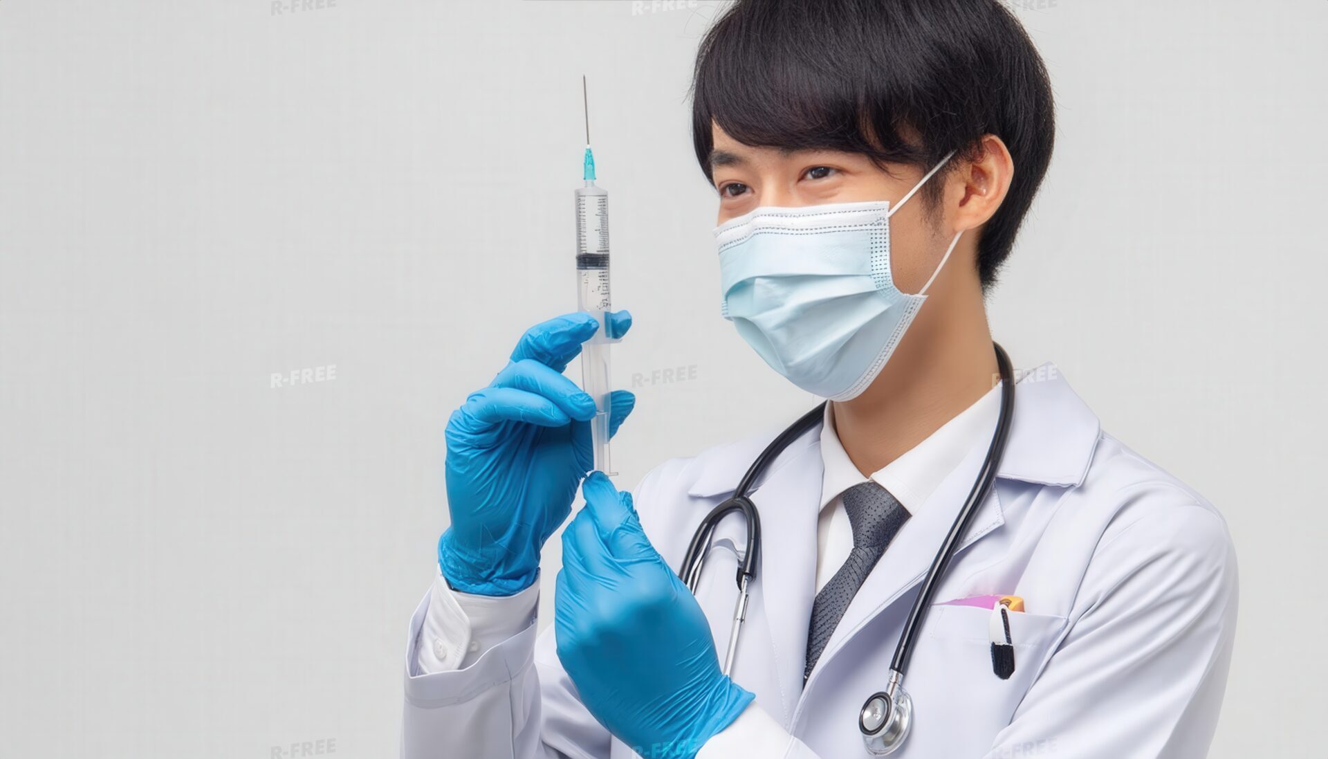 注射器を持つマスク着用の男性医師
