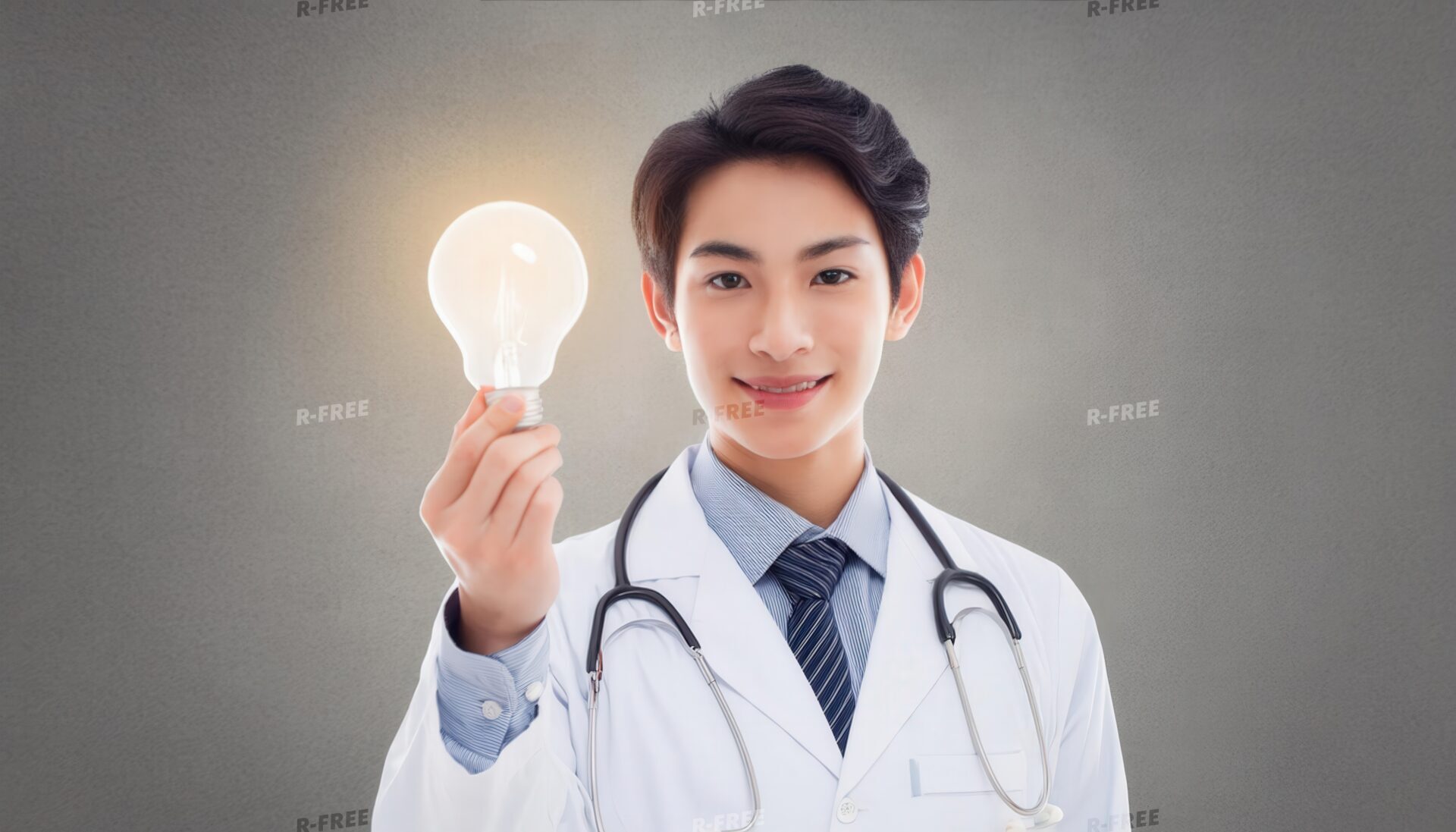 電球を持つ若い男性医師の微笑み