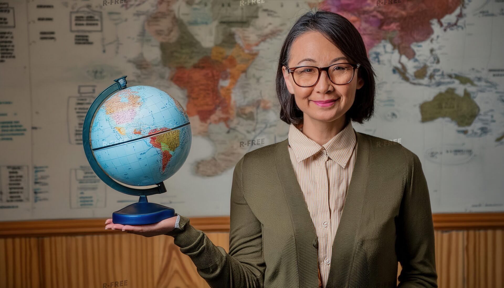 地図の前で地球儀を持つ女性講師
