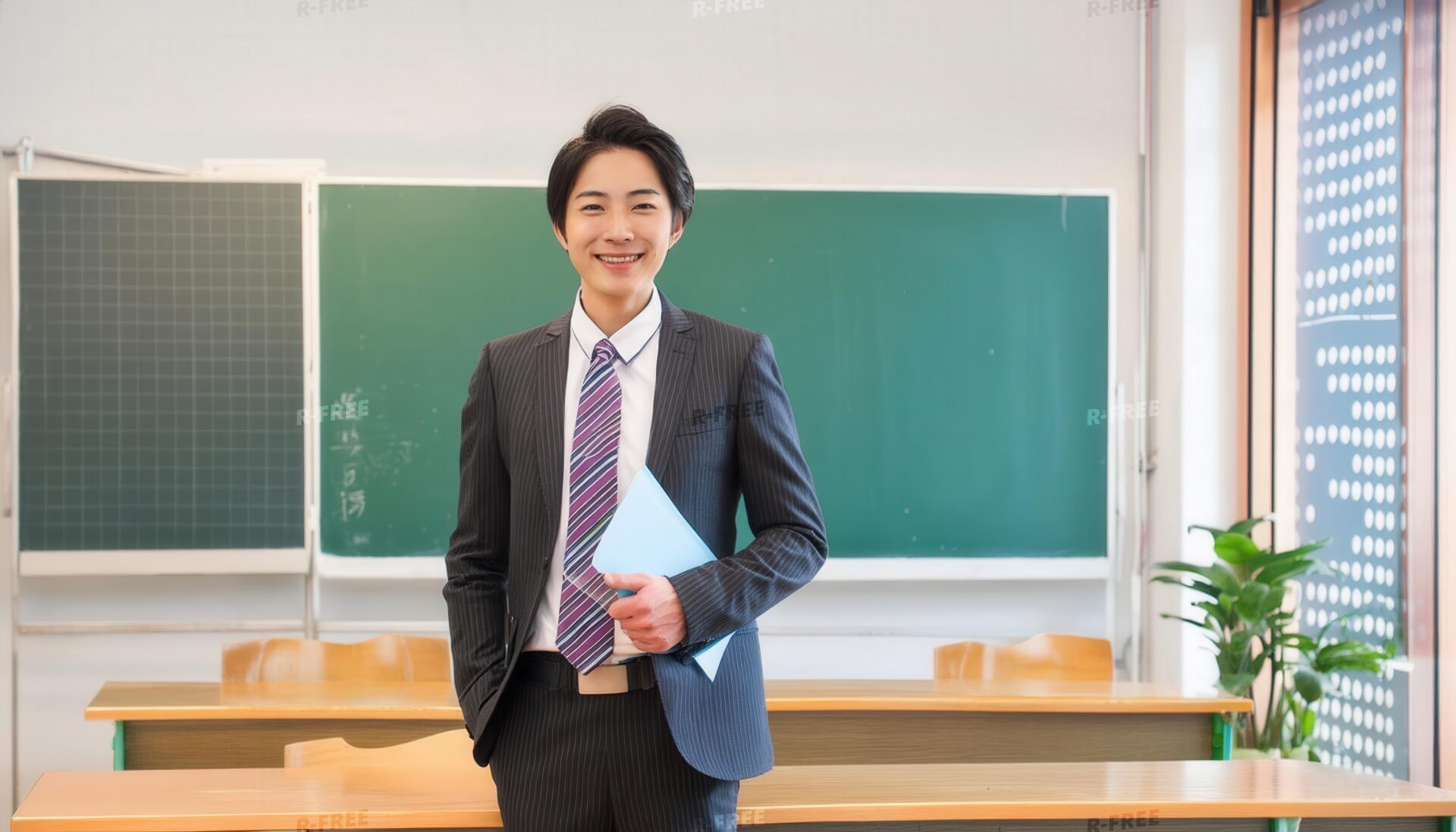 教室で微笑む男性先生