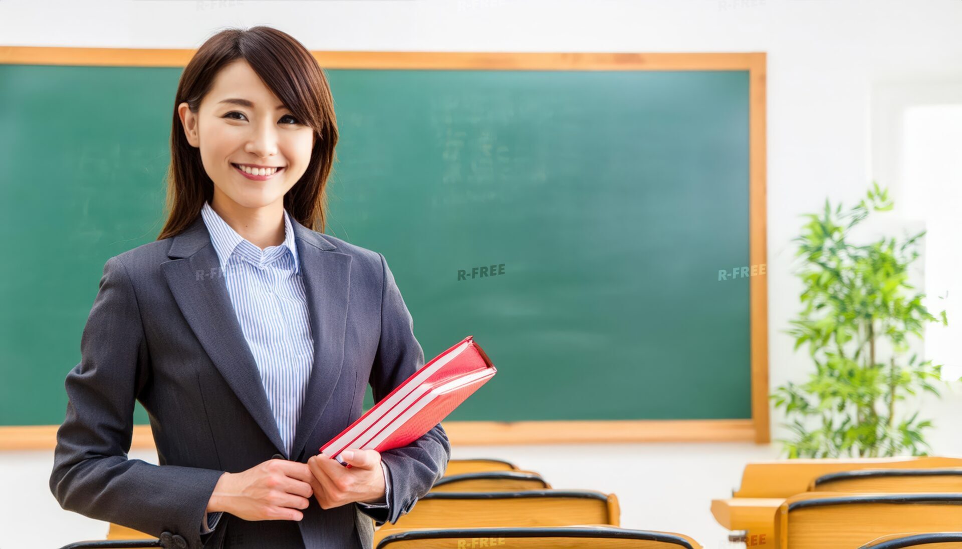 教室で資料を持つ女性先生