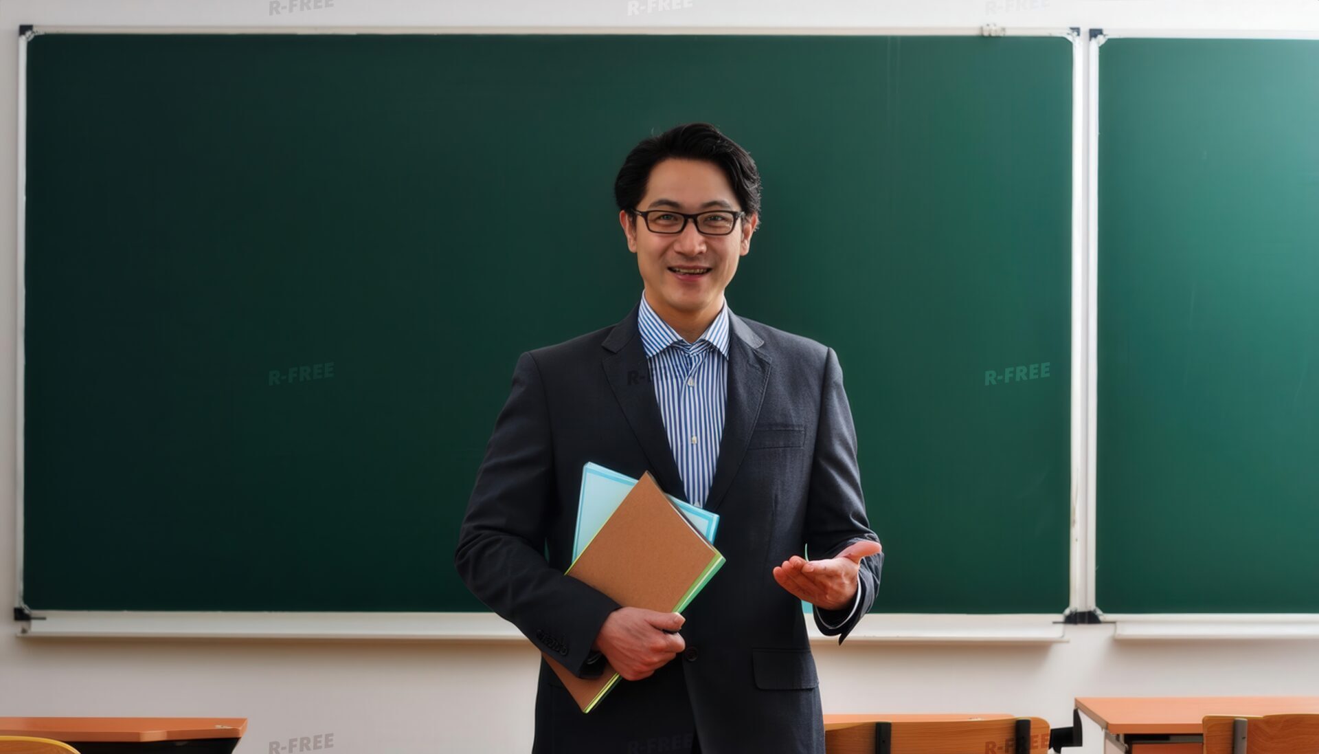 黒板の前で説明する男性先生