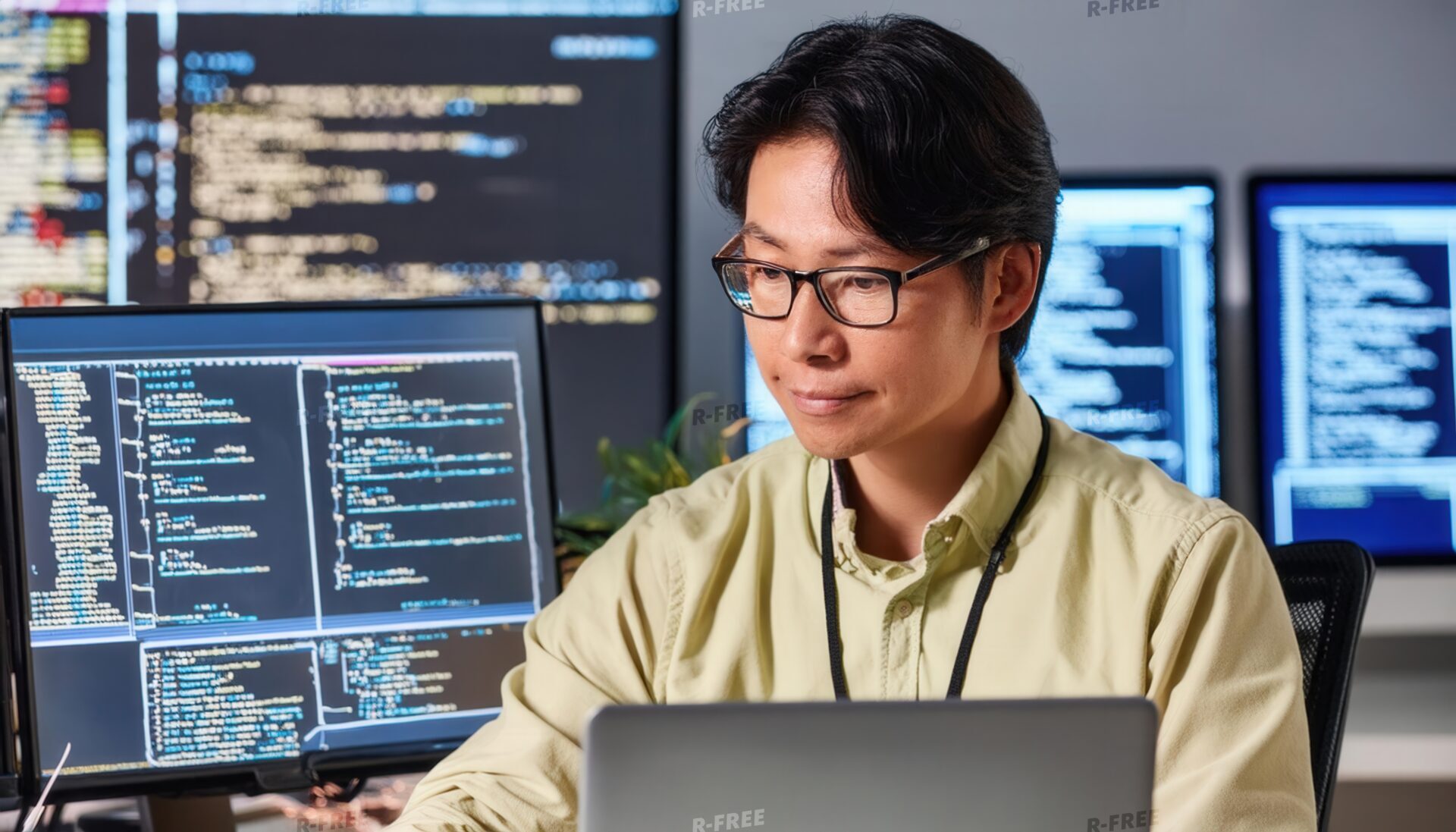 複数のモニターで作業するソフトウェア開発者