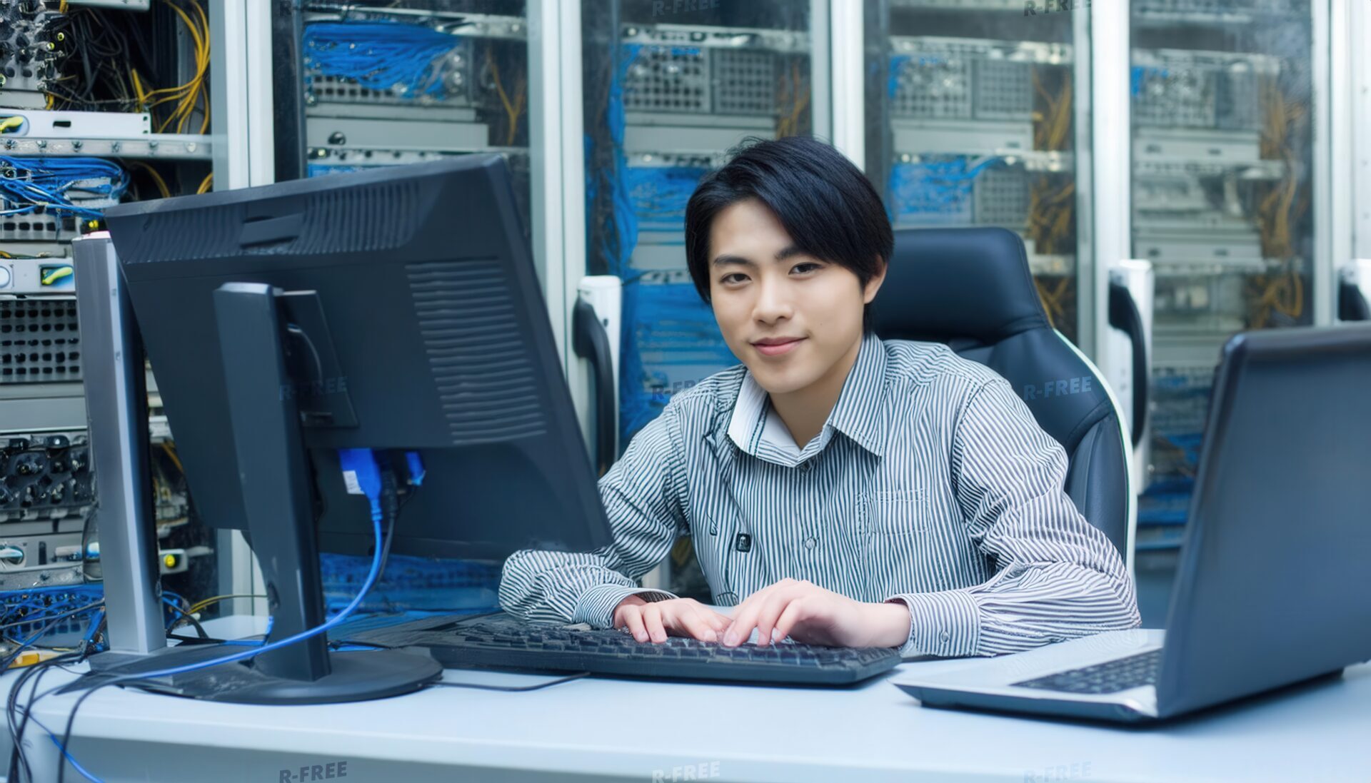 サーバールームで働く若い男性エンジニア
