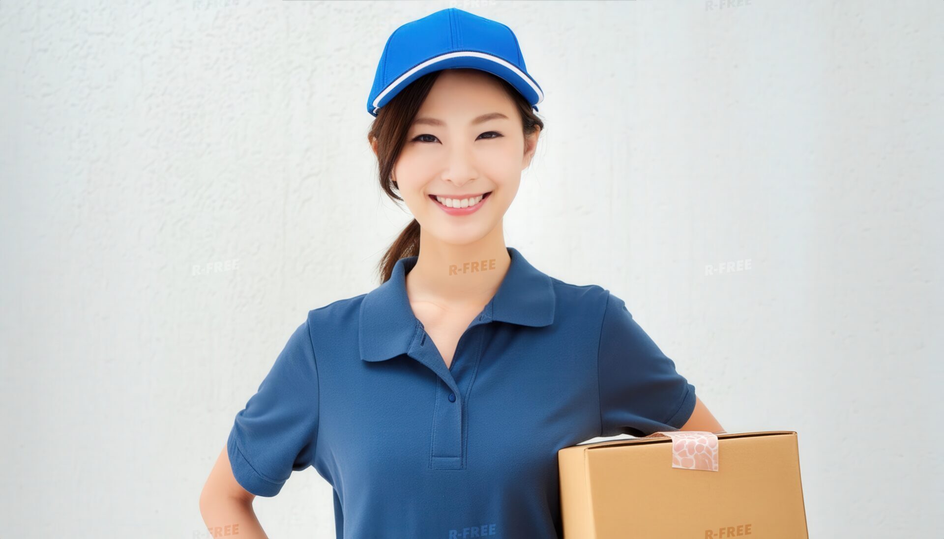 笑顔で箱を持つ女性配達員