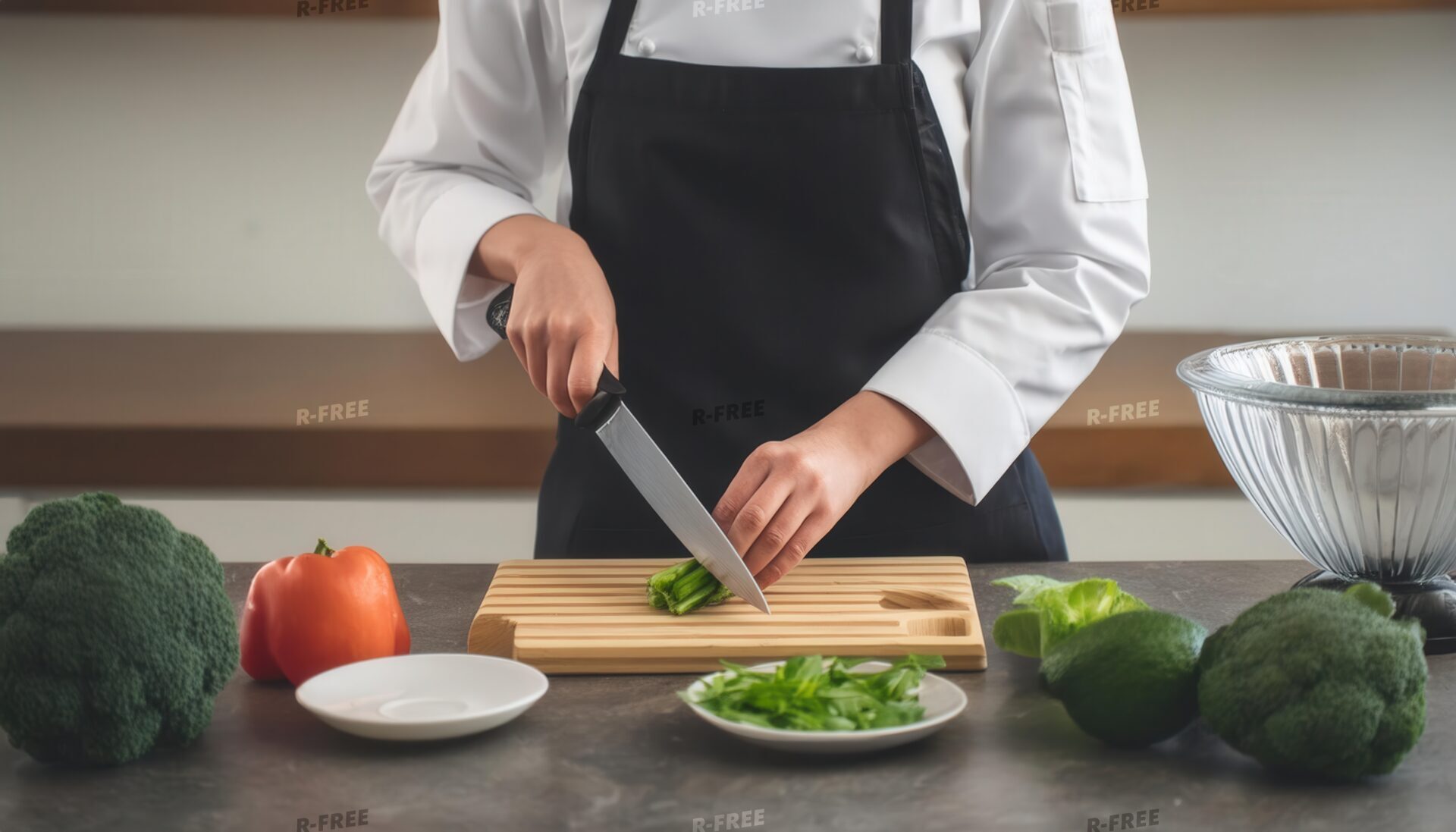 野菜を切る黒いエプロンを着たシェフ
