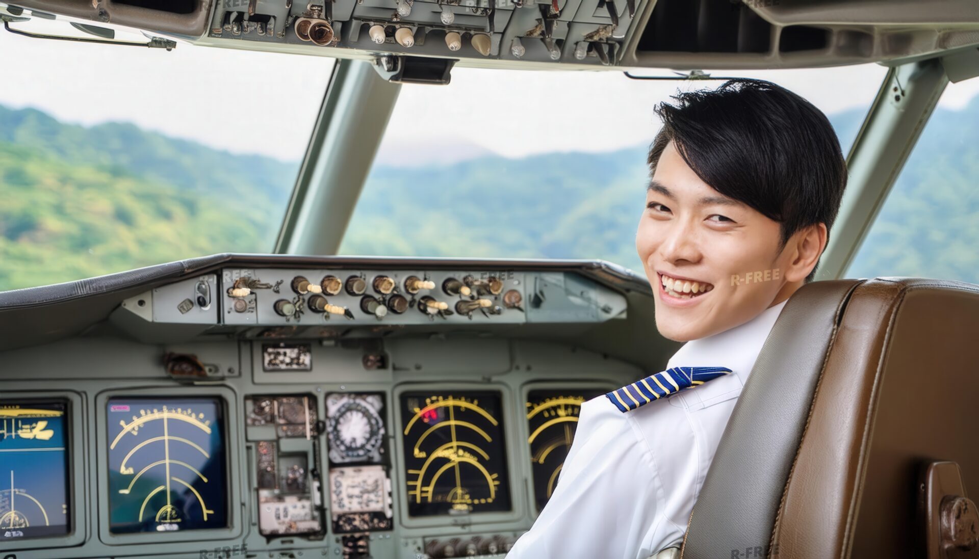 山並みを背景にした笑顔のパイロット