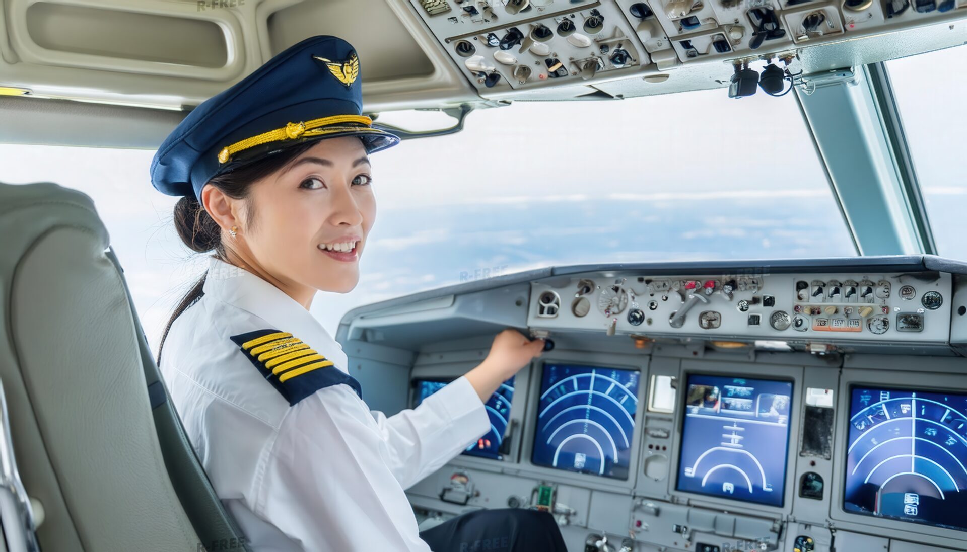 飛行機のコックピットで微笑む女性パイロット