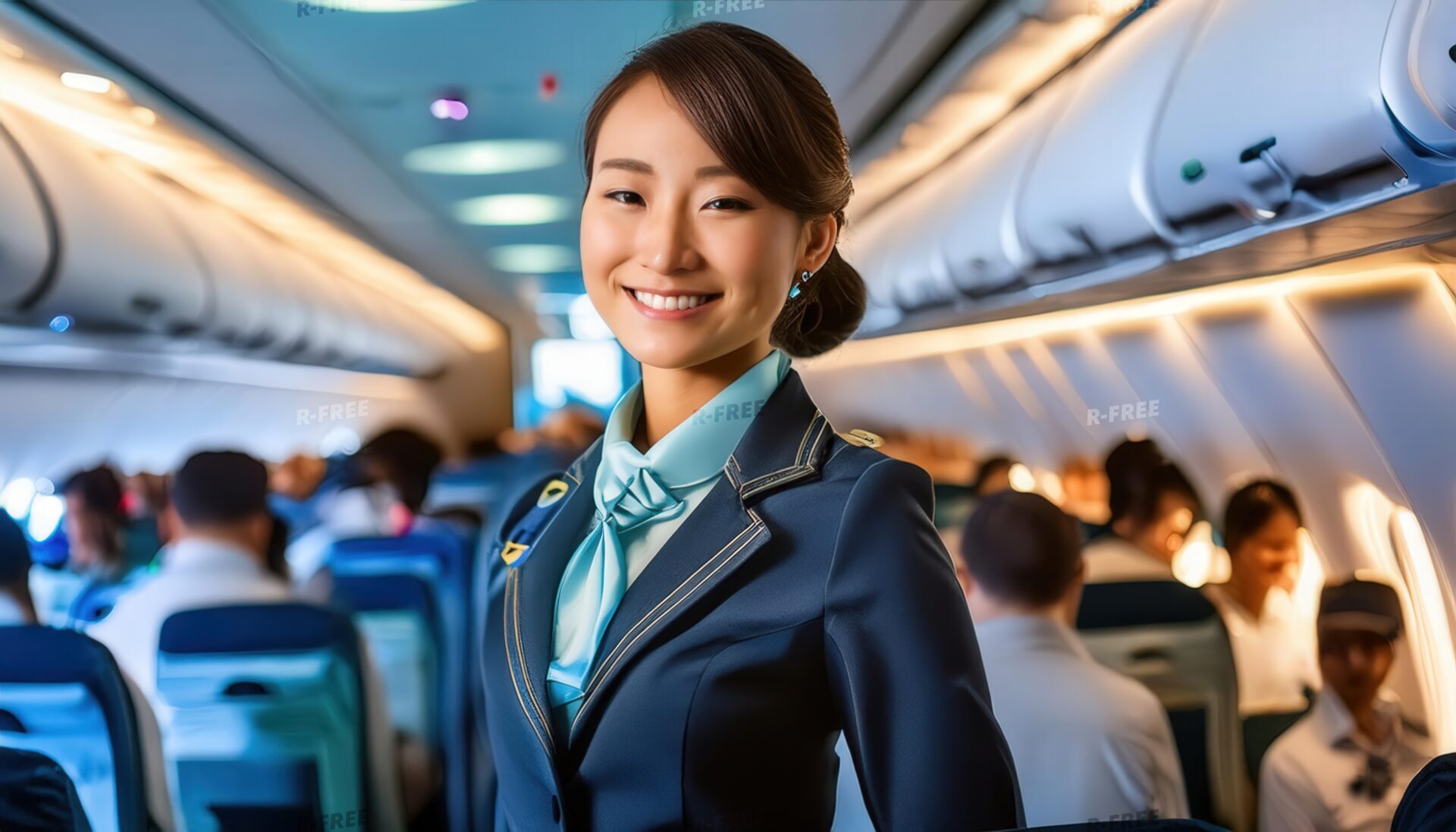 機内で笑顔を見せる女性キャビンアテンダント