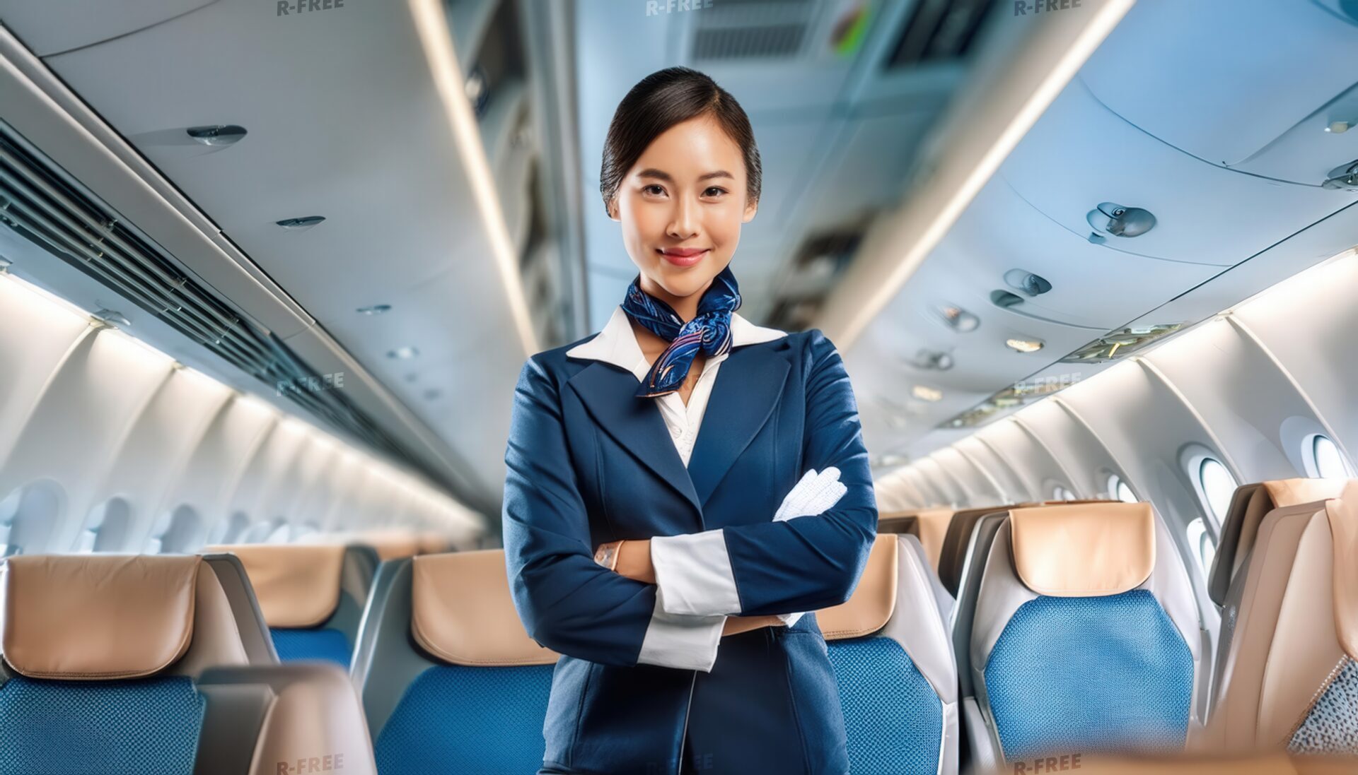飛行機内で笑顔を見せる女性キャビンアテンダント