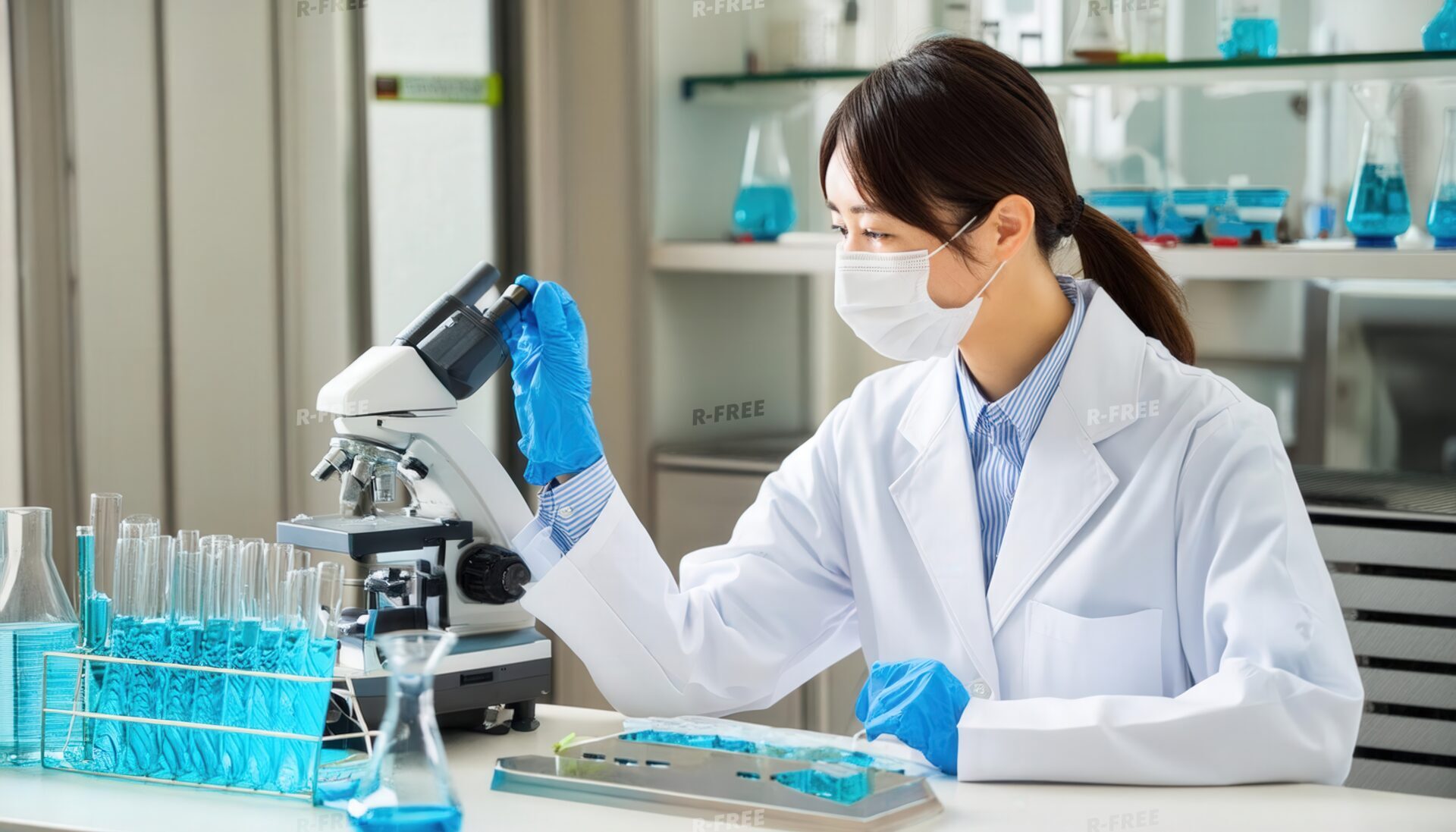 顕微鏡で観察を行う女性科学者