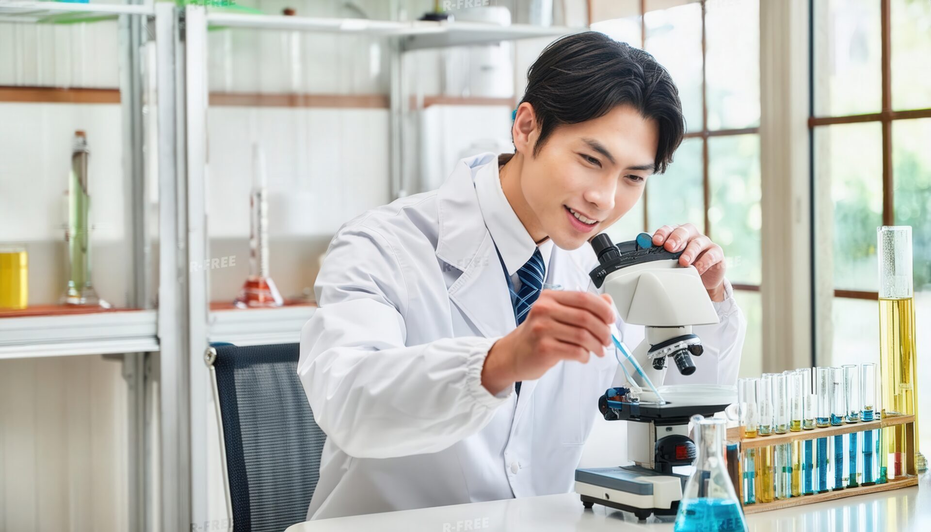 実験中に顕微鏡を使う男性研究員
