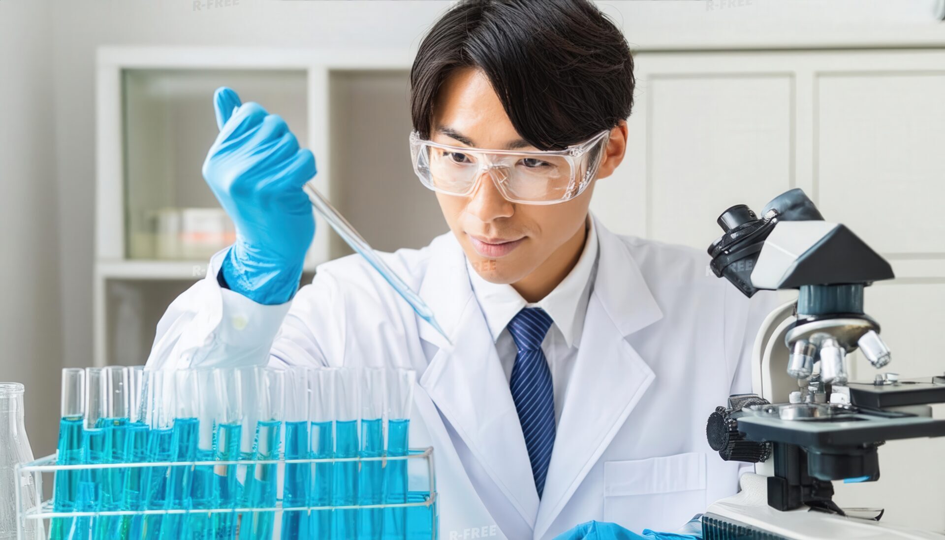研究室で試験管を操作する男性科学者
