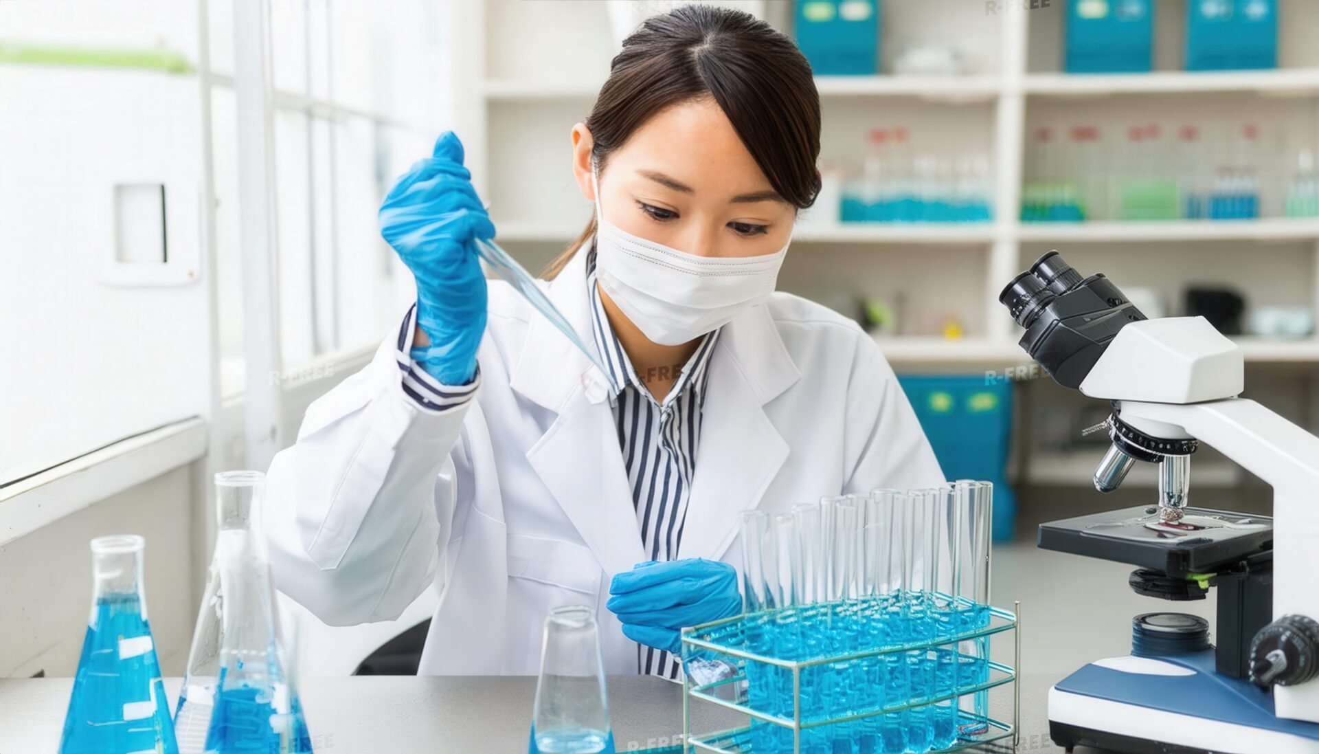 実験室で試験管を扱う白衣姿の女性研究員
