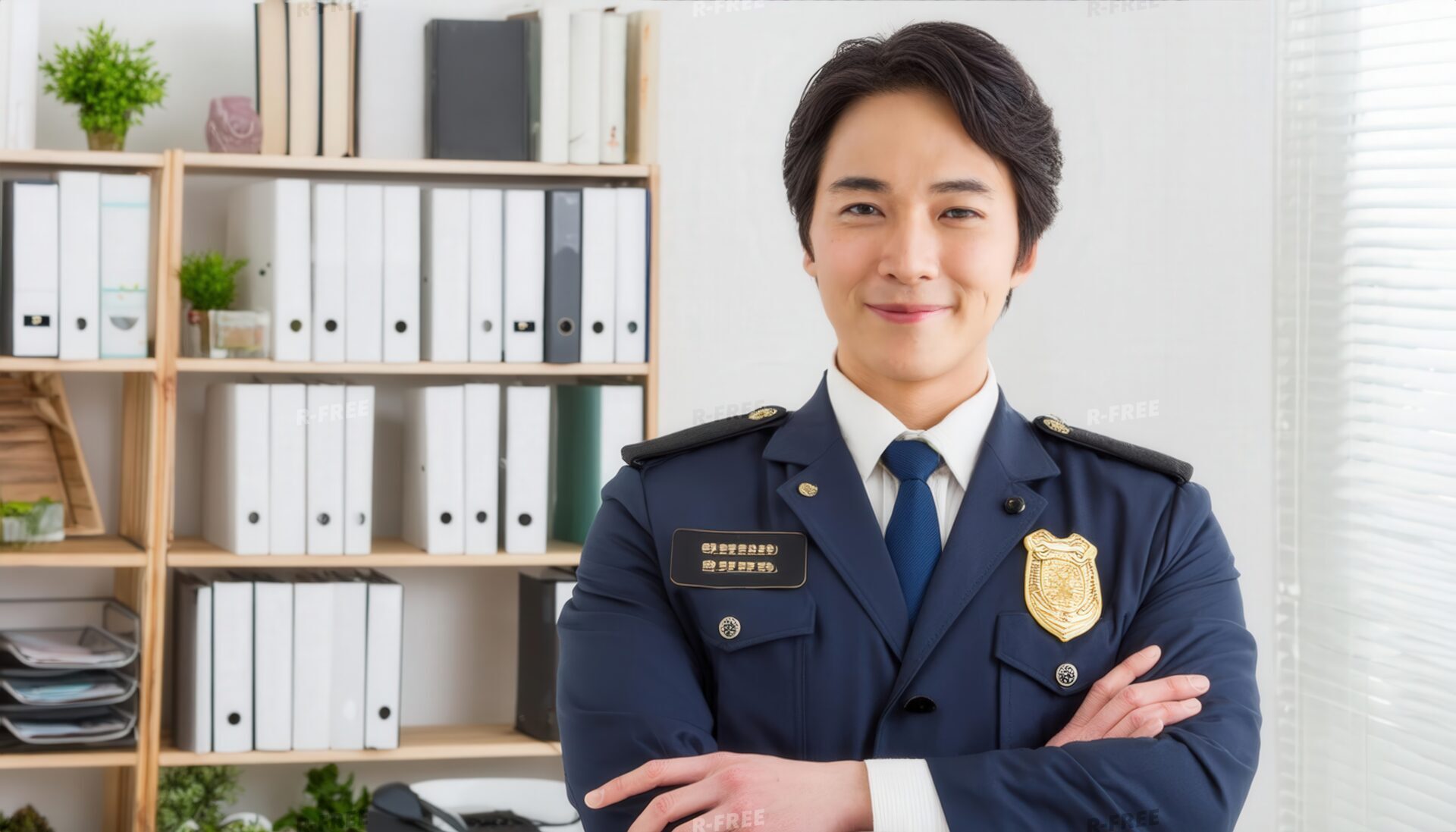 警察署で腕を組む警察官