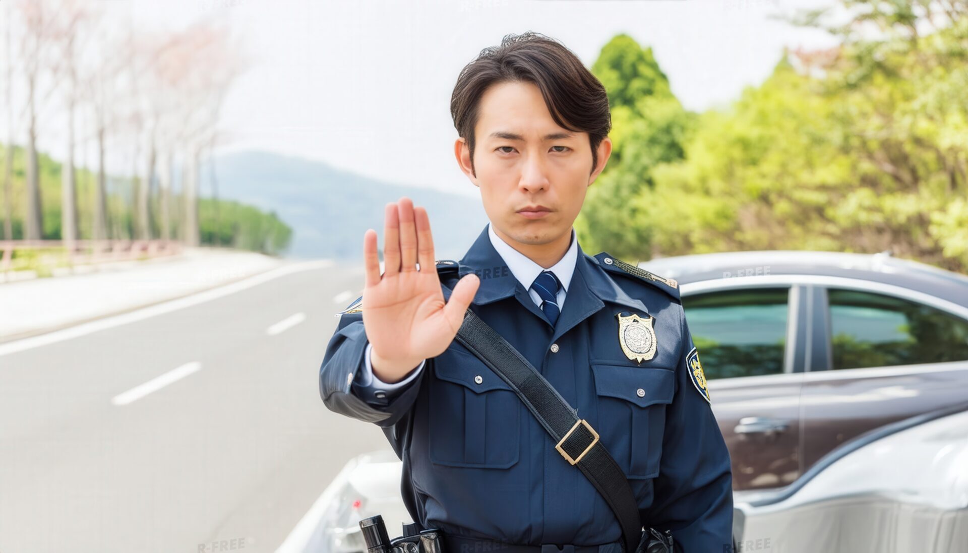 手を挙げて交通を止める警察官