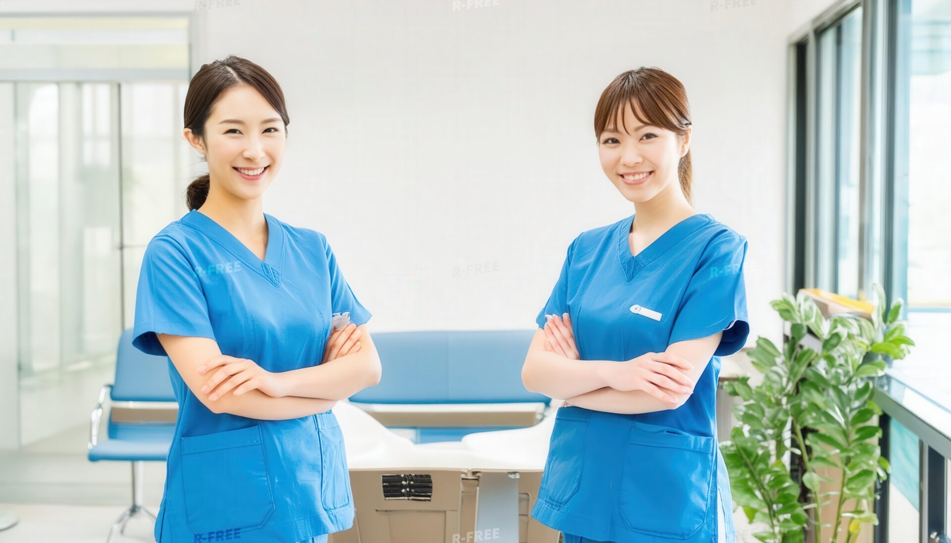 笑顔で立つ二人の女性介護士