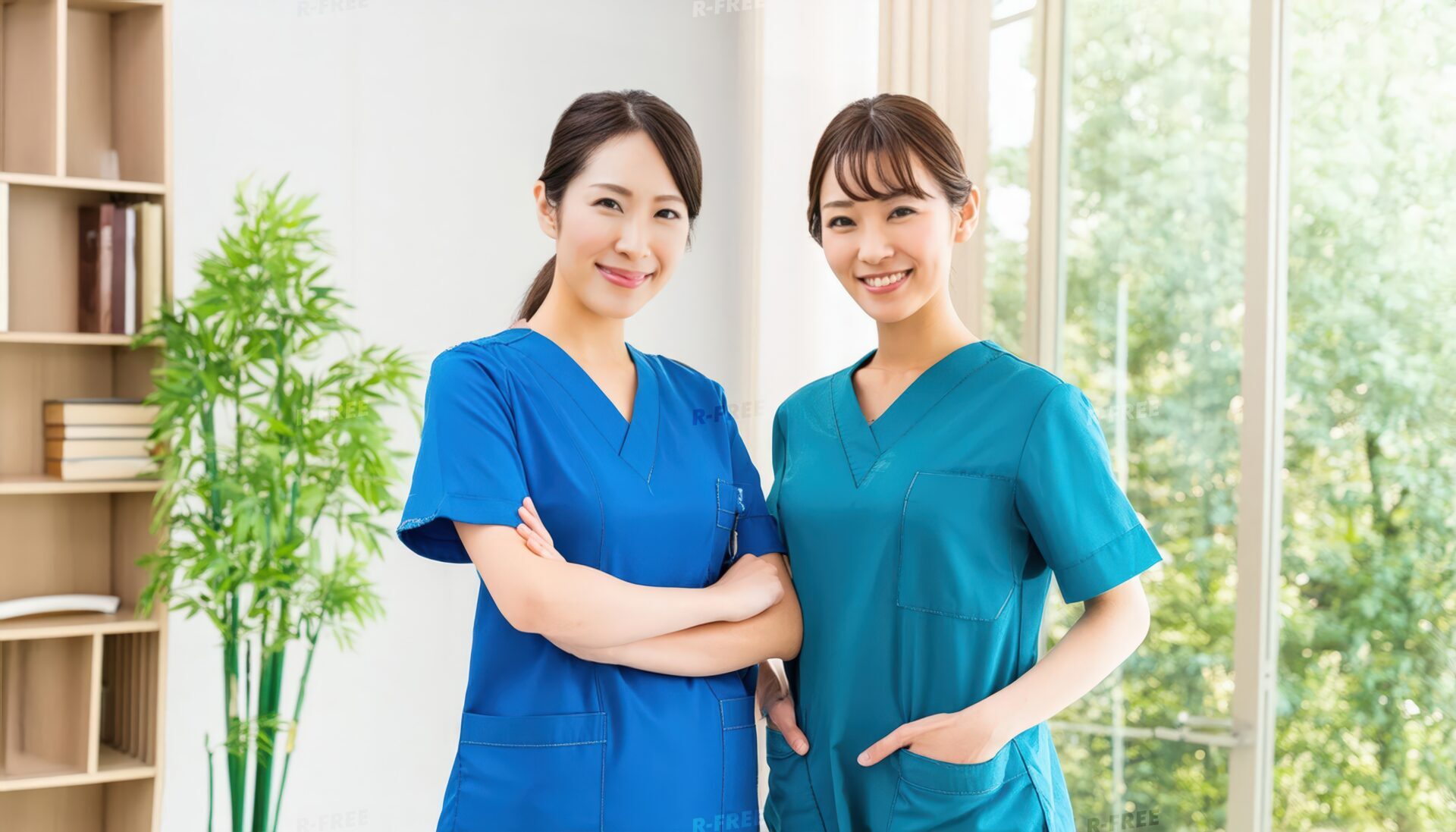 笑顔で立つ2人の若い女性介護士