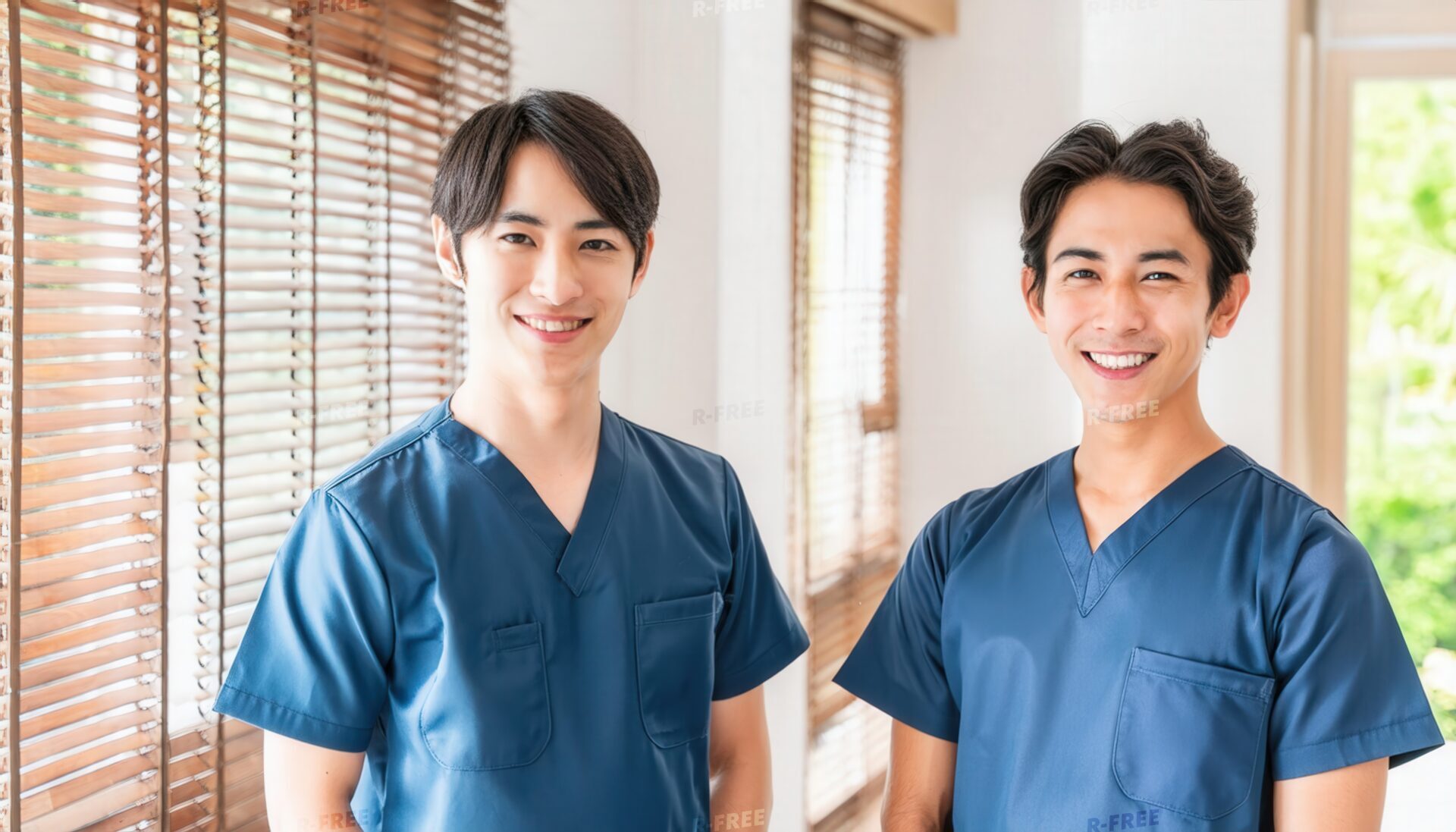 笑顔で立つ2人の若い男性介護士