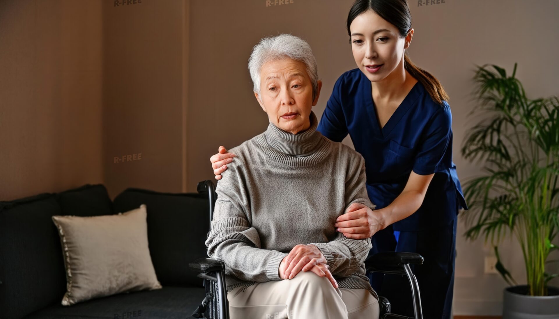車椅子の高齢女性を支える若い女性介護士