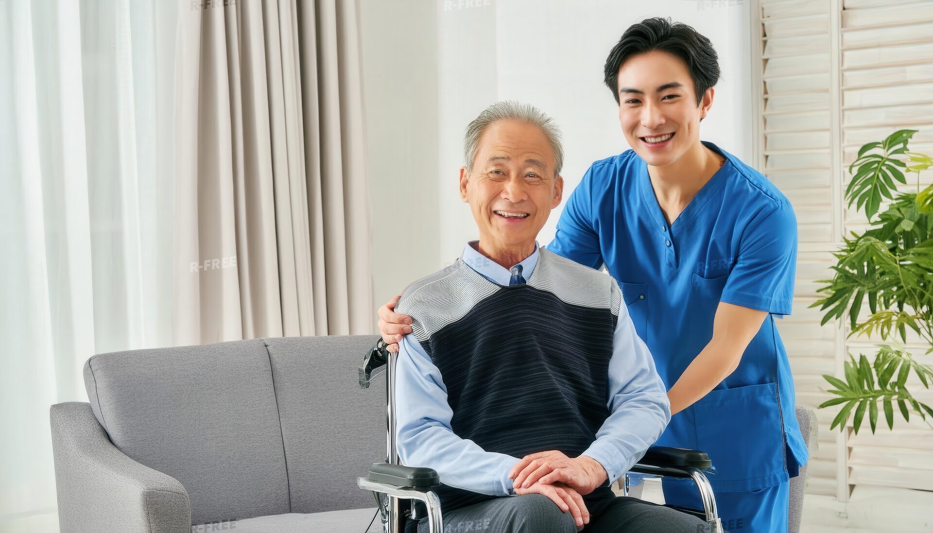 車椅子の高齢男性を笑顔でサポートする若い男性介護士