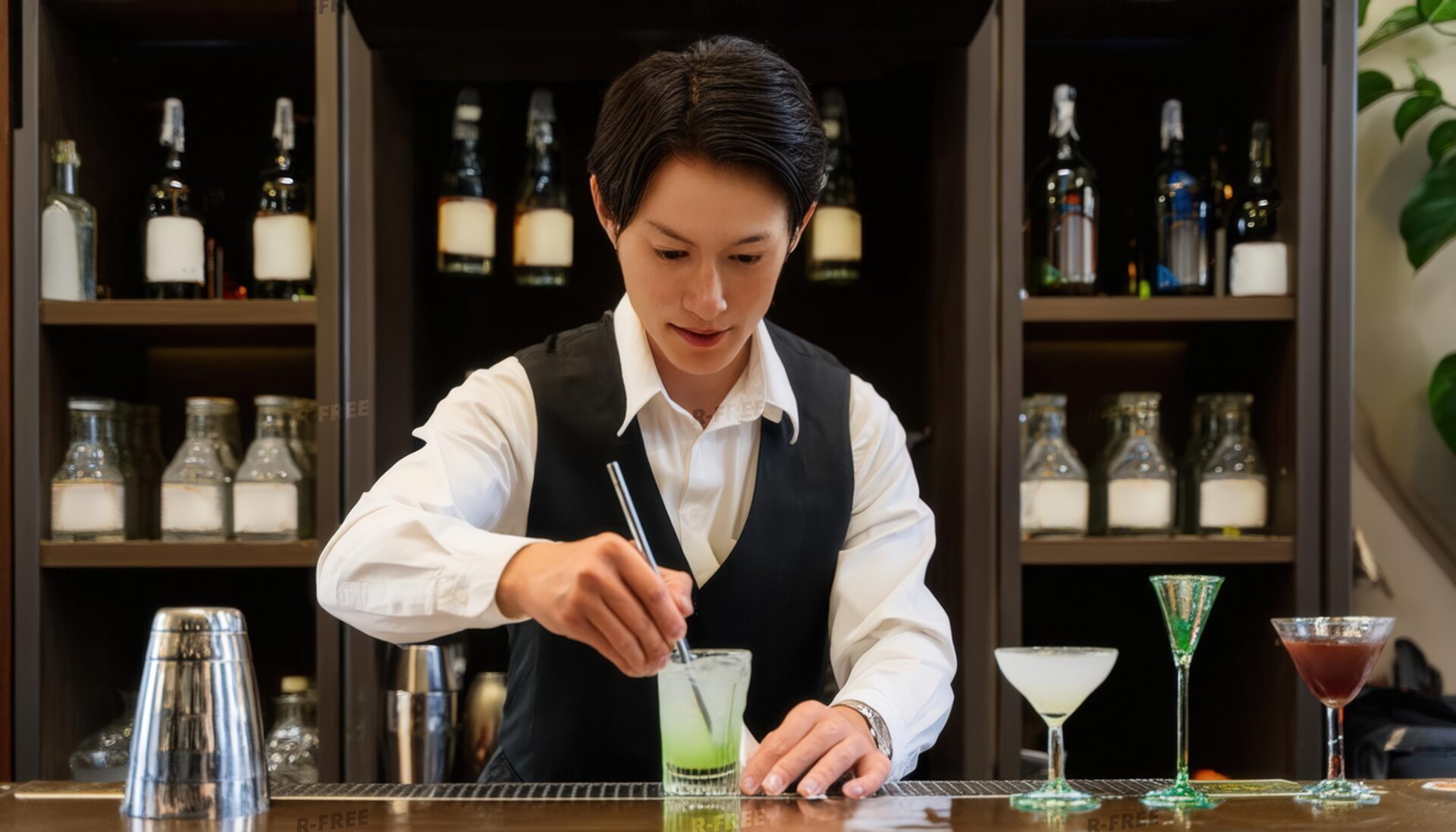 カクテルを作る若い男性バーテンダー