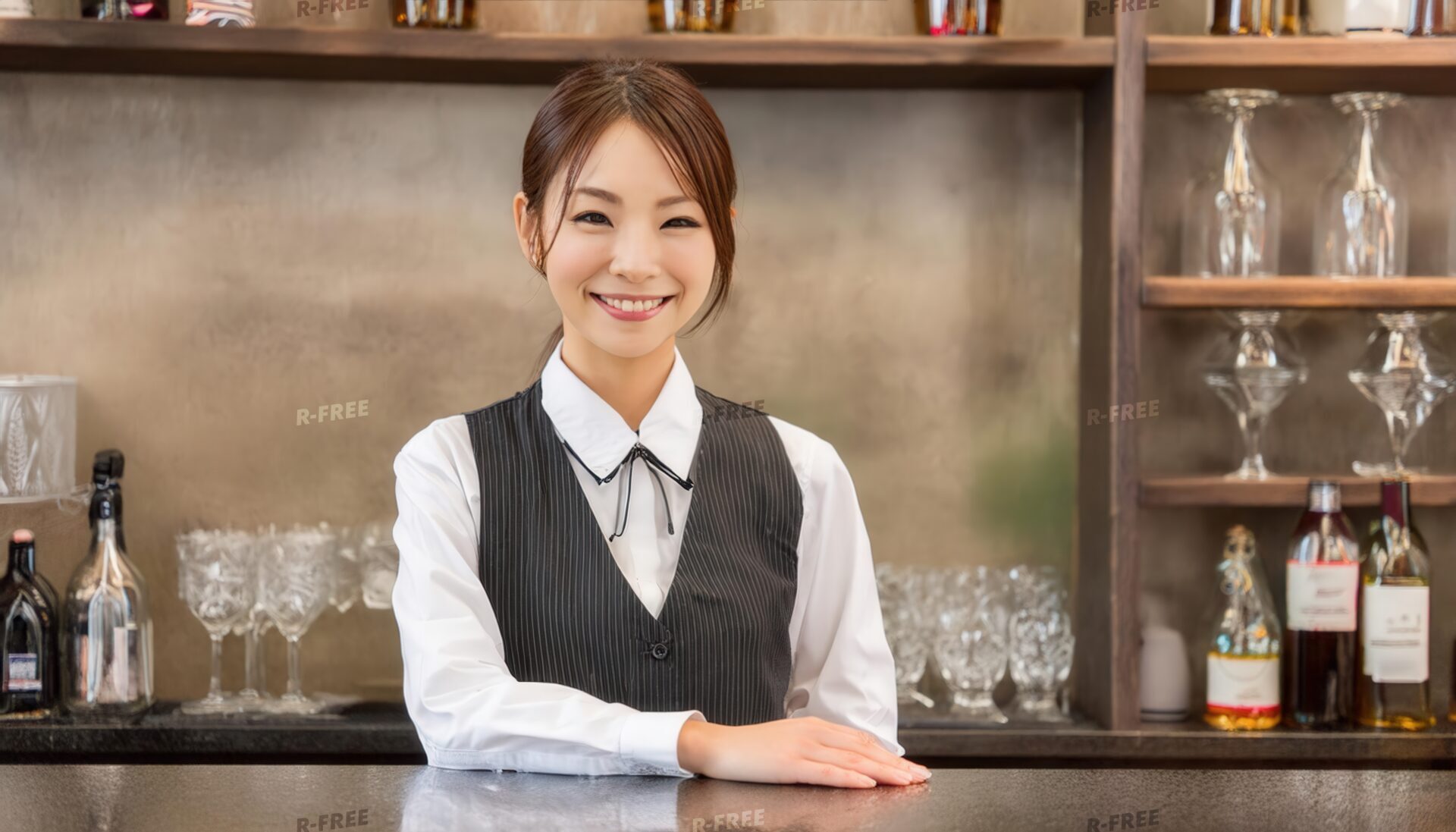 バーカウンターで微笑む女性スタッフ