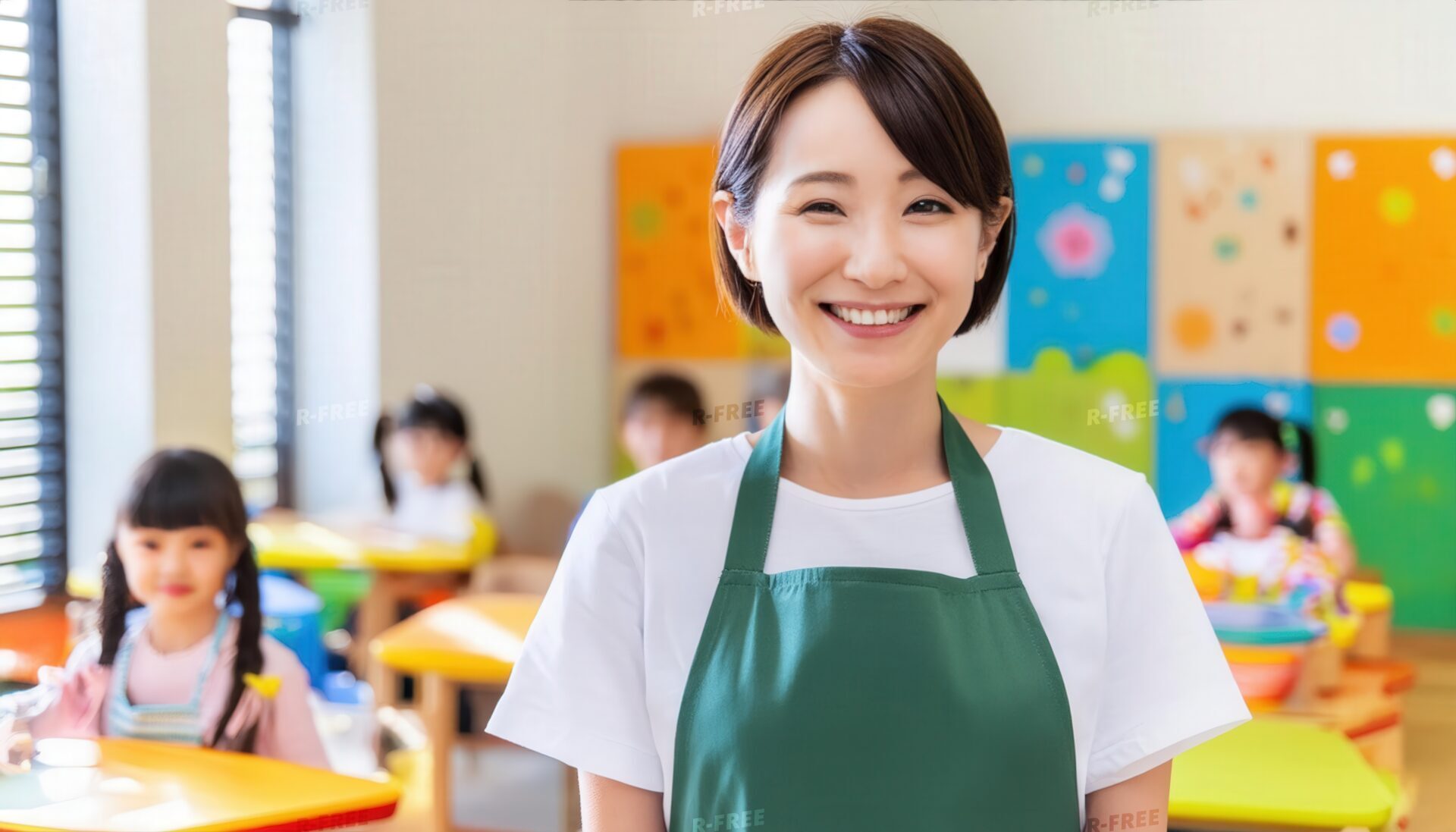 笑顔で子どもたちを見守る保育士の女性