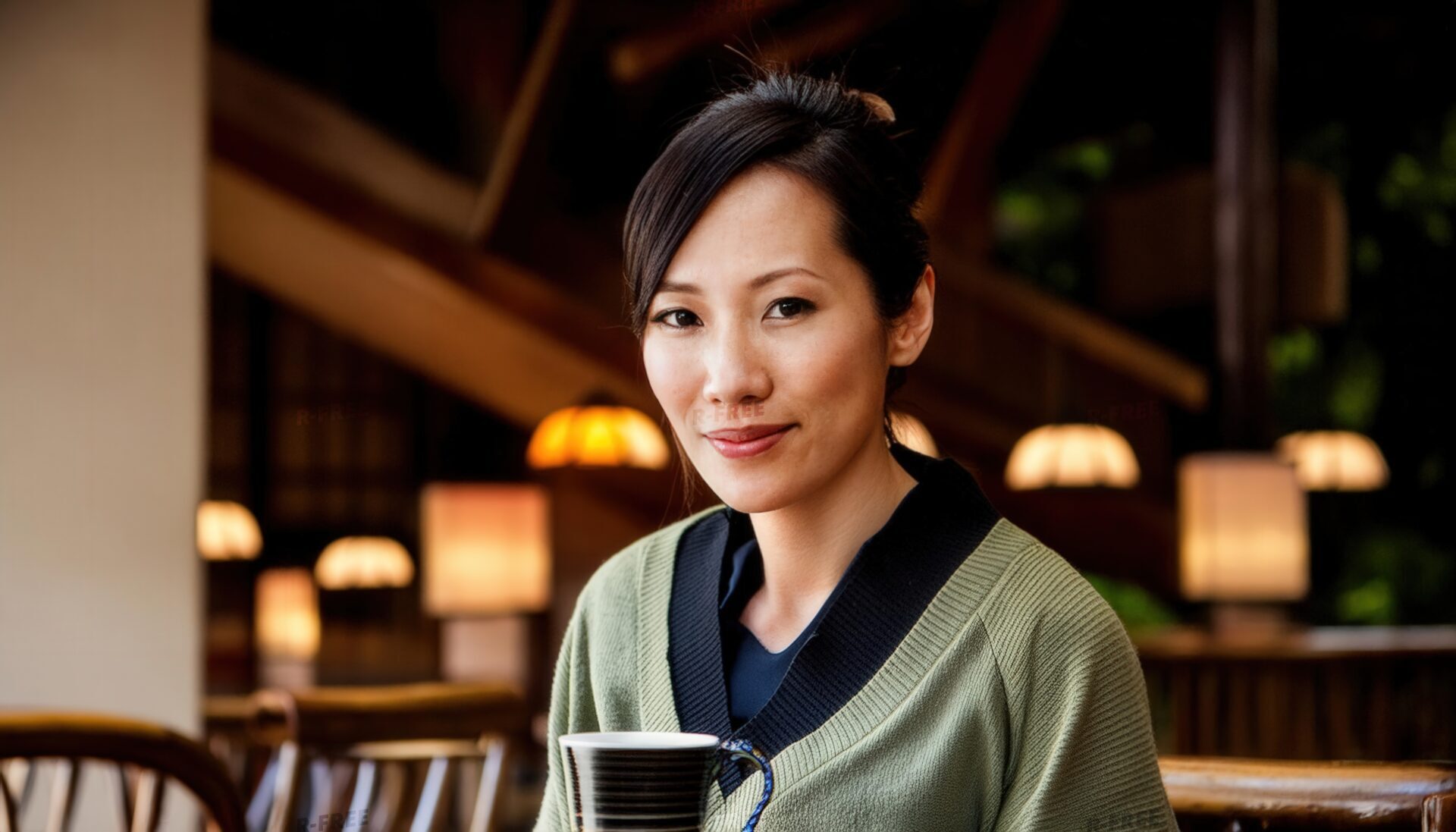 和風カフェでお茶を飲む女性