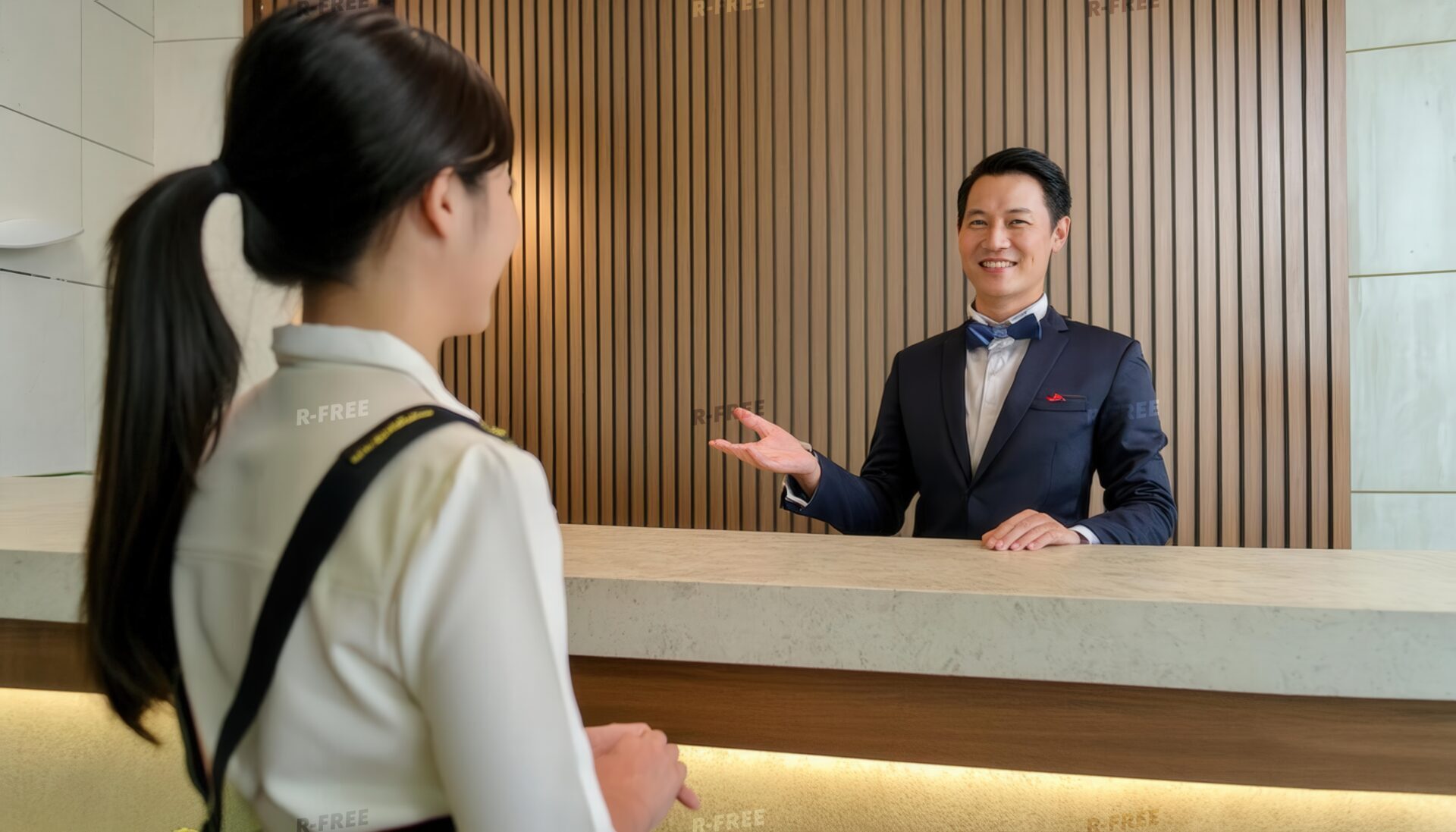 笑顔でゲストを迎えるホテルの男性スタッフ