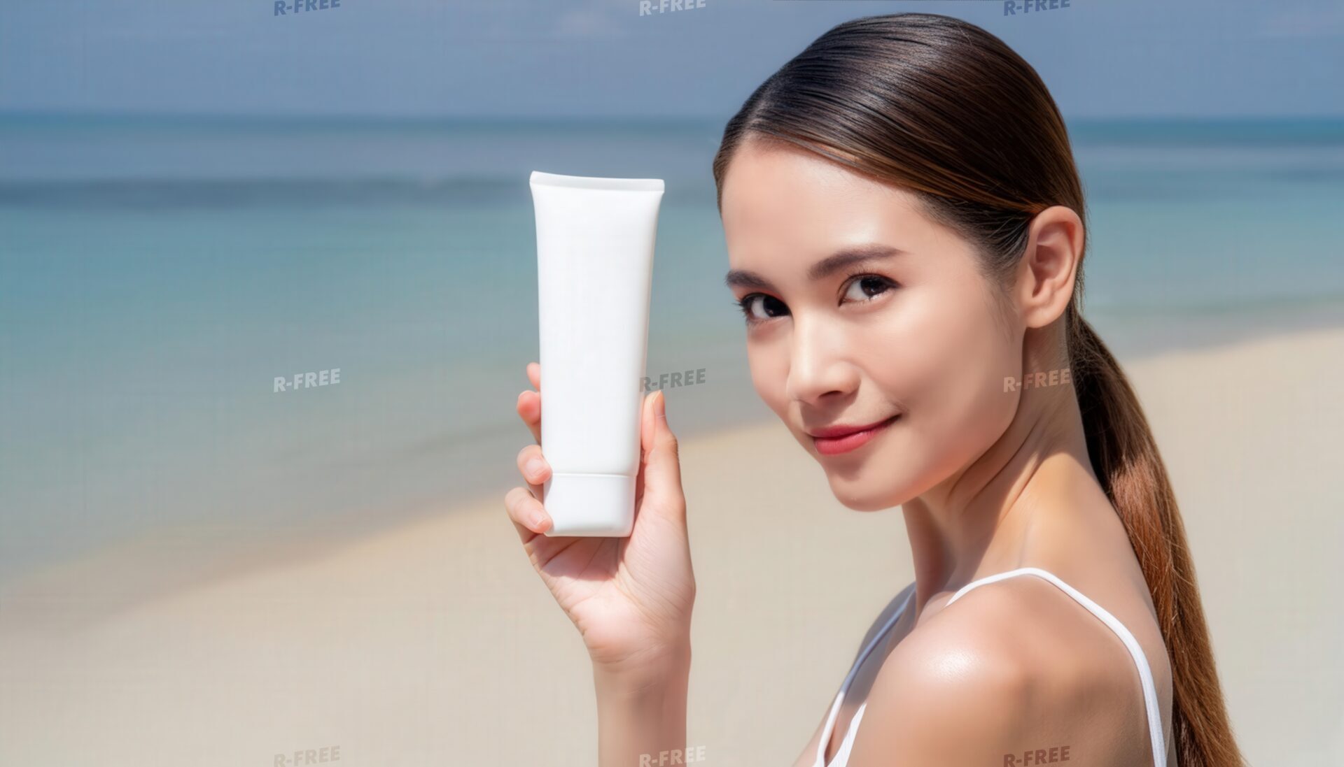 海辺でスキンケア製品を見せる人物