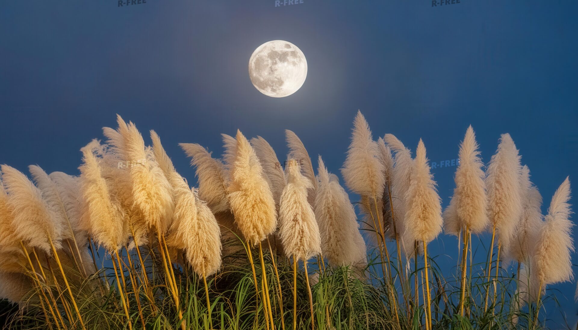 満月とパンパスグラスの夜の風景