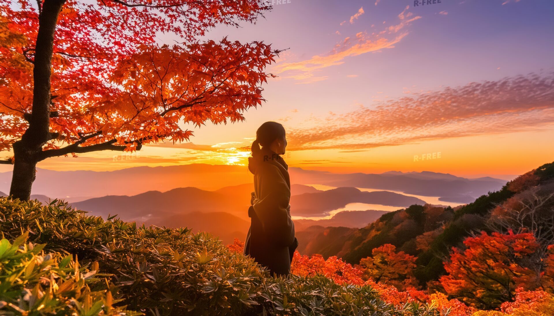 紅葉に囲まれた夕焼けの山頂
