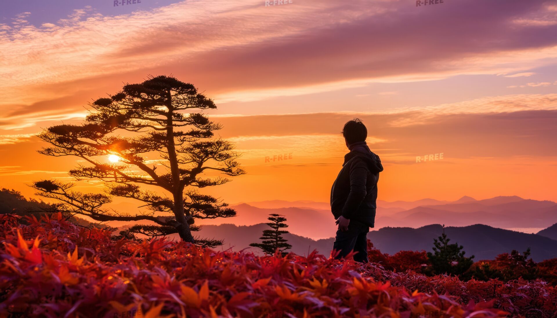 紅葉と夕焼けを眺める静かなひととき