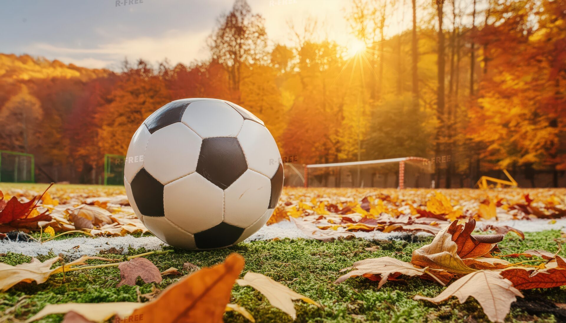 紅葉に囲まれたサッカーボールとゴールの風景