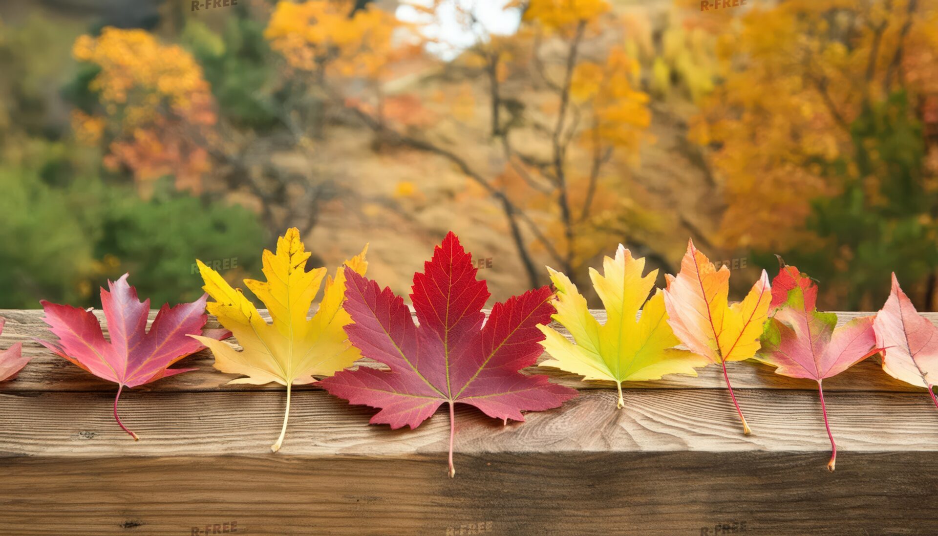 紅葉の葉を木のテーブルに置いた美しい静物写真