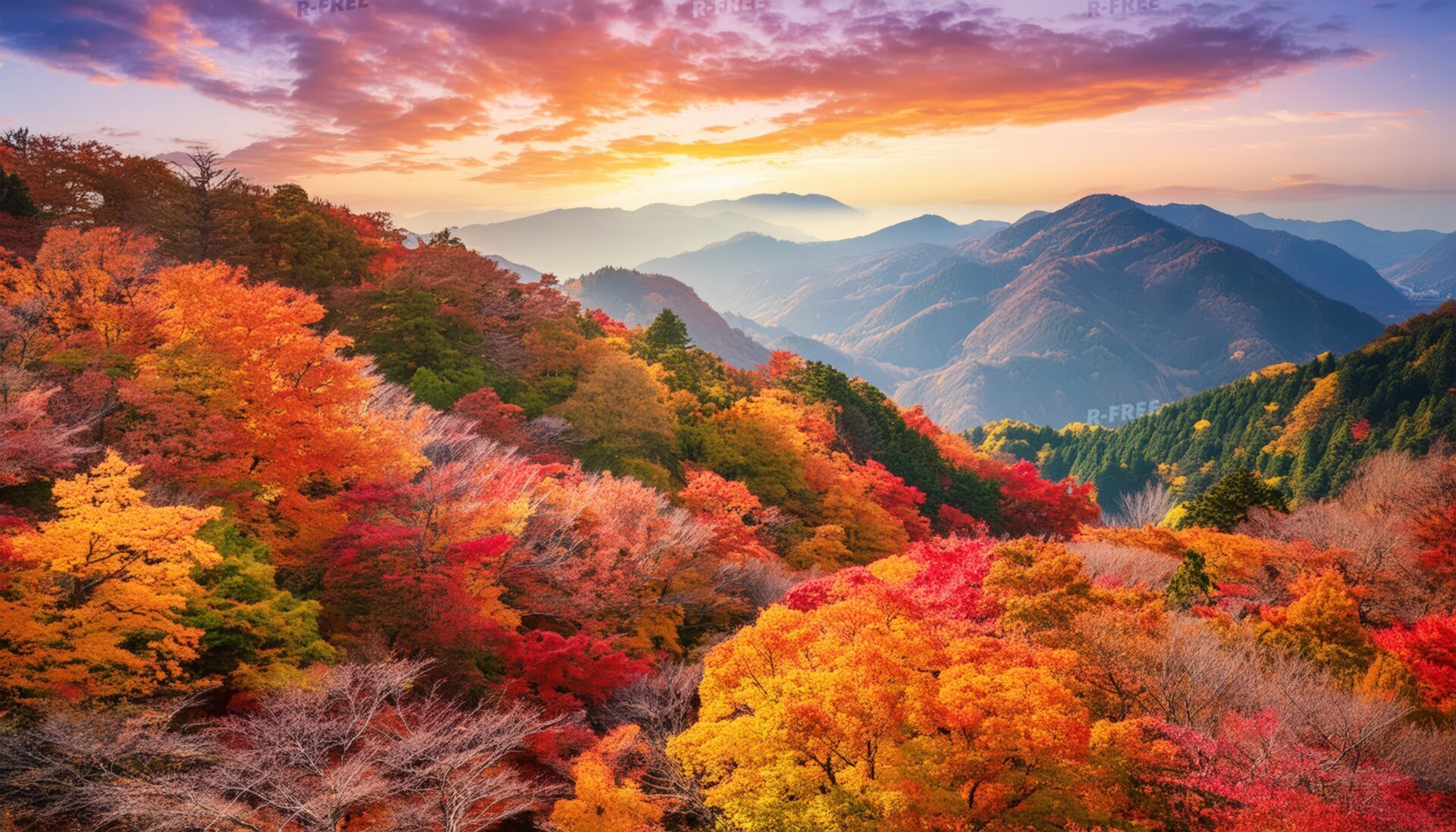 山々を覆う鮮やかな紅葉、秋の絶景