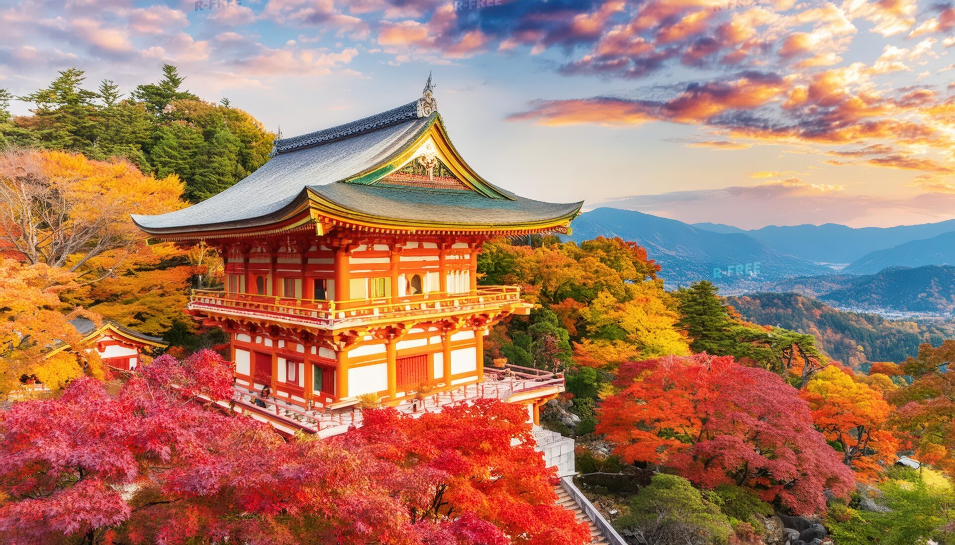 秋の美しい風景と夕焼けの寺院