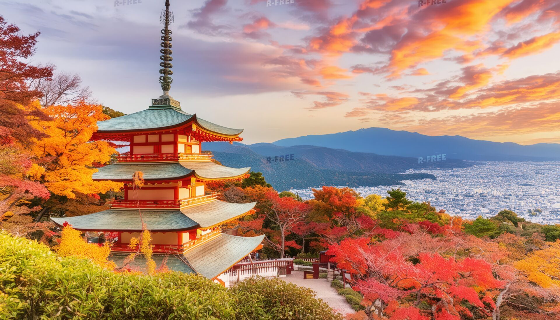 五重塔と紅葉が織りなす日本の秋の風景